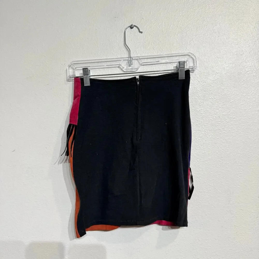 Vintage Colorblock Fringe Leather Mini Skirt Sz S
